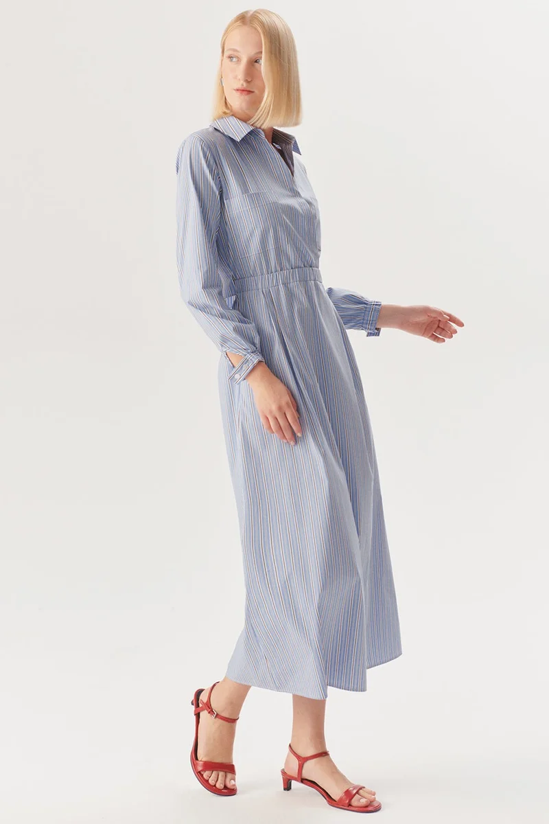 EXQUISE Striped Regular Midi Dress with Elastic Waist