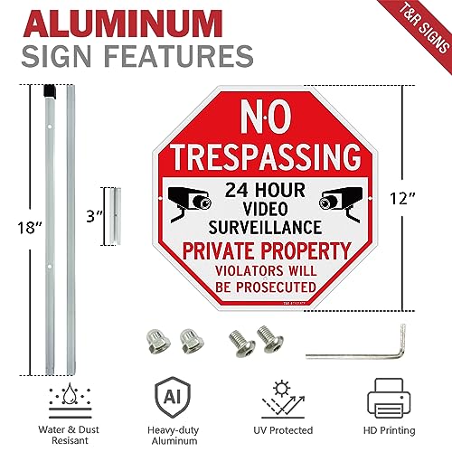TR T&R Large No Trespassing Private Property Sign Video Surveillance Sign with 36" Stake for Outside - 2 Pack - 12"x12" .040 Rust Free Heavy Aluminum, Reflective, Waterproof, Weatherproof and Fade - Image 2