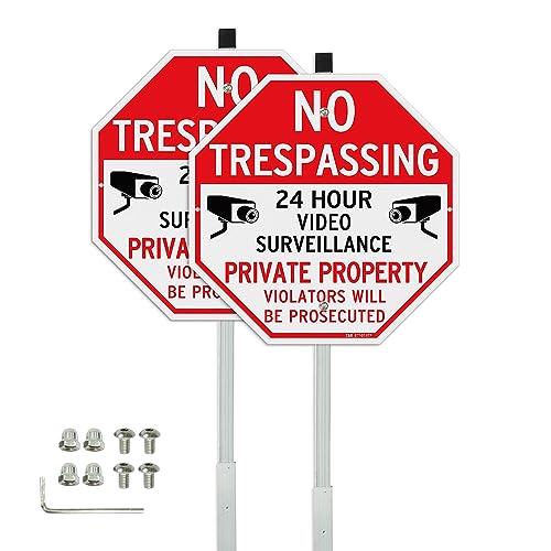 TR T&R Large No Trespassing Private Property Sign Video Surveillance Sign with 36" Stake for Outside - 2 Pack - 12"x12" .040 Rust Free Heavy Aluminum, Reflective, Waterproof, Weatherproof and Fade - Image 1