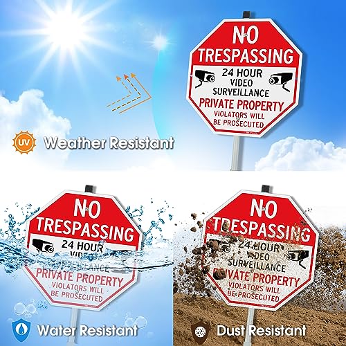 TR T&R Large No Trespassing Private Property Sign Video Surveillance Sign with 36" Stake for Outside - 2 Pack - 12"x12" .040 Rust Free Heavy Aluminum, Reflective, Waterproof, Weatherproof and Fade - Image 3
