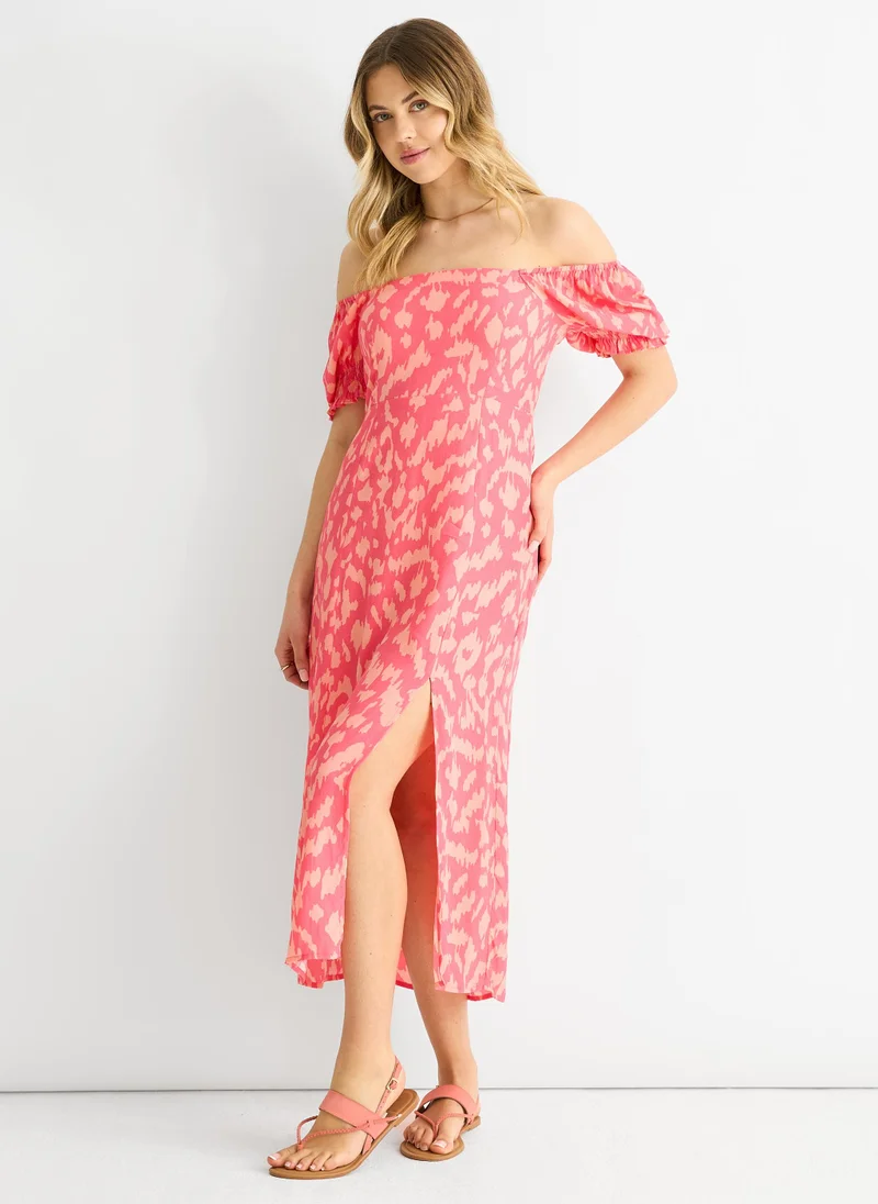 Gini London  Pink Animal Print Square Neck Viscose Midi Dress for Women | Best Price UAE