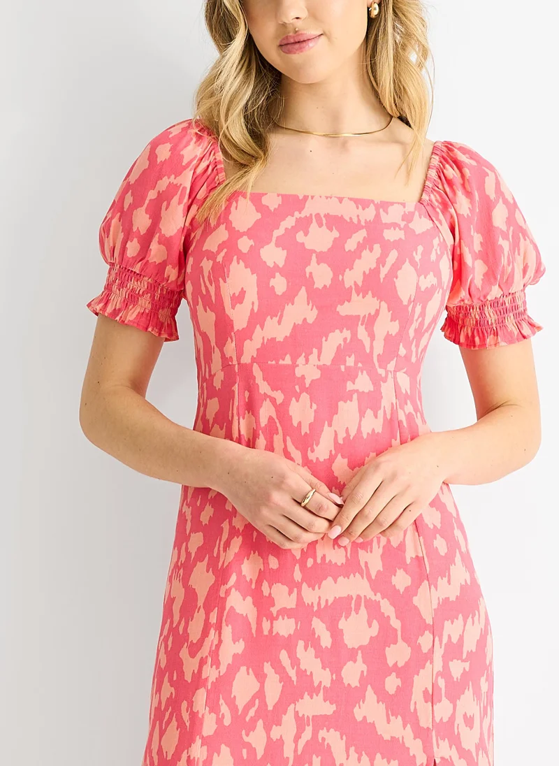 Gini London  Pink Animal Print Square Neck Viscose Midi Dress for Women | Best Price UAE
