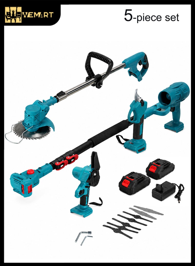 WEMART 5-in-1 Electric Garden Tool Set, Pruning Shears, Chainsaw, Leaf Blower, Grass Trimmer with 2pcs Batteries for Garden Use-Blue - Image 1