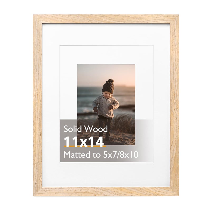 KINLINK 11x14 Picture Frame Natural Solid Wood Frame with Acrylic Plexiglass for Pictures 5x78x10 with Mat or 11x14 without Mat Tabletop and Wall Mounting Display Photo Frame 1 Pack