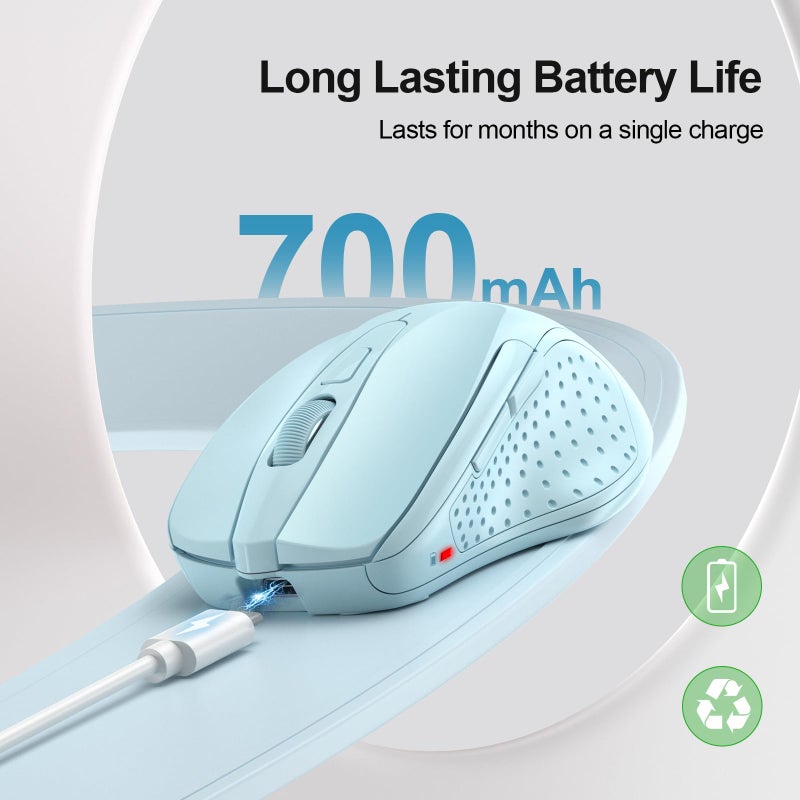 TECKNET Wireless Mouse (BT5.0/3.0 & 2.4G) Rechargeable 4800 DPI Silent USB A & Bluetooth Mouse 6 Buttons, Wide Compatibility - Lightblue - Image 3