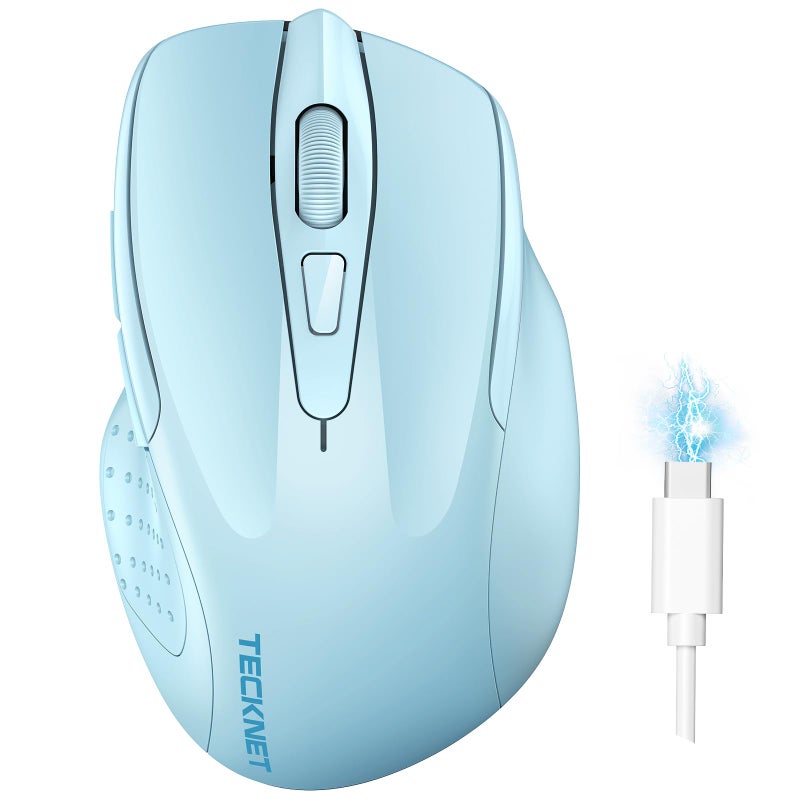 TECKNET Wireless Mouse (BT5.0/3.0 & 2.4G) Rechargeable 4800 DPI Silent USB A & Bluetooth Mouse 6 Buttons, Wide Compatibility - Lightblue - Image 1