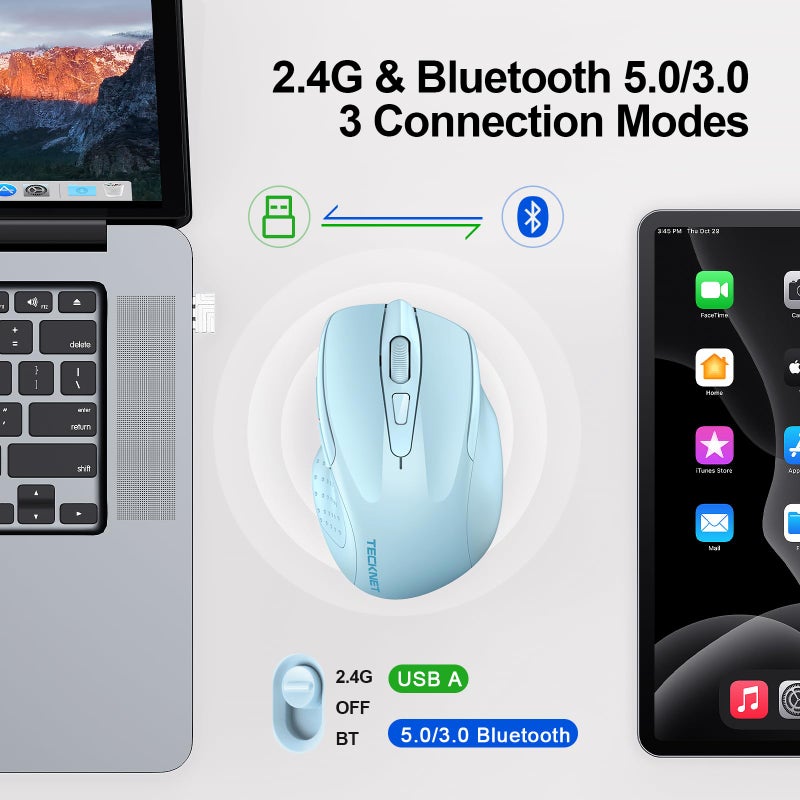 TECKNET Wireless Mouse (BT5.0/3.0 & 2.4G) Rechargeable 4800 DPI Silent USB A & Bluetooth Mouse 6 Buttons, Wide Compatibility - Lightblue - Image 2