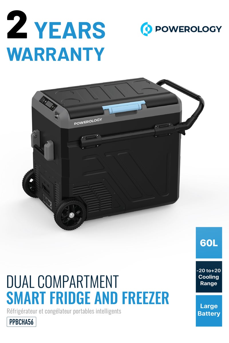 Powerology Portable Fridge 60L with Dual Compartment and Trolly / Smart Fridge and Freezer / High-Efficiency Compressor - Gray  - Image 1