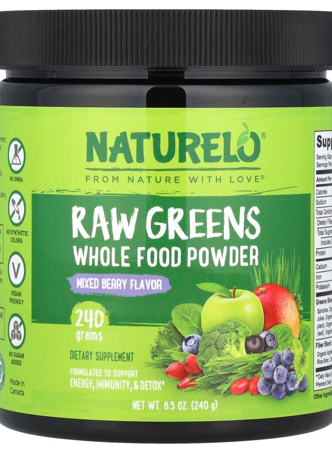 NATURELO Premium Supplements Raw Greens Whole Food Powder Mixed Berry 8.5 oz (240 g) 
