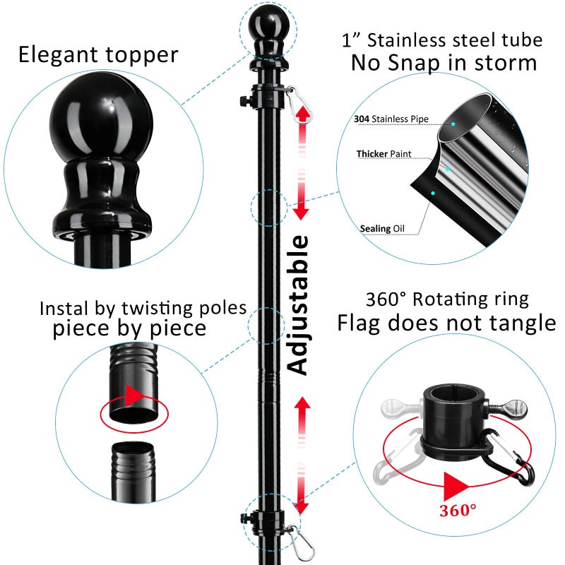 DonSail Black Flag Poles for Outside in Ground - 8FT Flag Pole for House with 2 Pronges Base - Stainless Steel Flag Pole Kit with 3x5FT American Flag for Yard Residential Commercial - Image 2