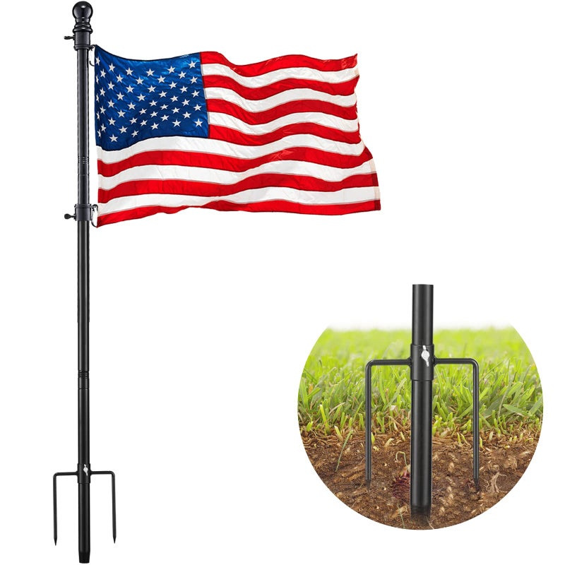 DonSail Black Flag Poles for Outside in Ground - 8FT Flag Pole for House with 2 Pronges Base - Stainless Steel Flag Pole Kit with 3x5FT American Flag for Yard Residential Commercial - Image 1