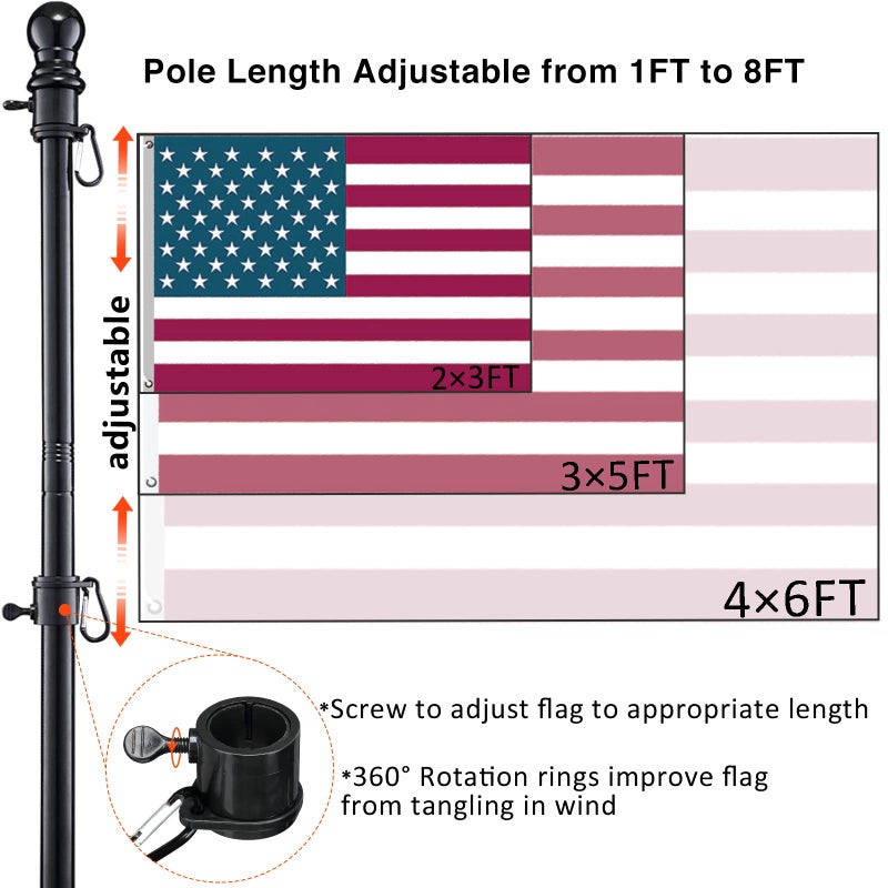 DonSail Black Flag Poles for Outside in Ground - 8FT Flag Pole for House with 2 Pronges Base - Stainless Steel Flag Pole Kit with 3x5FT American Flag for Yard Residential Commercial - Image 4