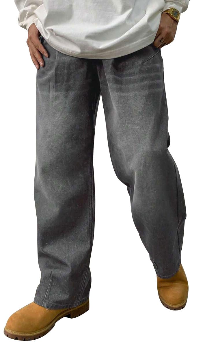 HUNGSON Mens Baggy Jeans for Men Women Y2k Skater Vintage Plain Pants Casual Wide Leg Jeans Loose Fit Denim Jeans Dark Grey - Image 3