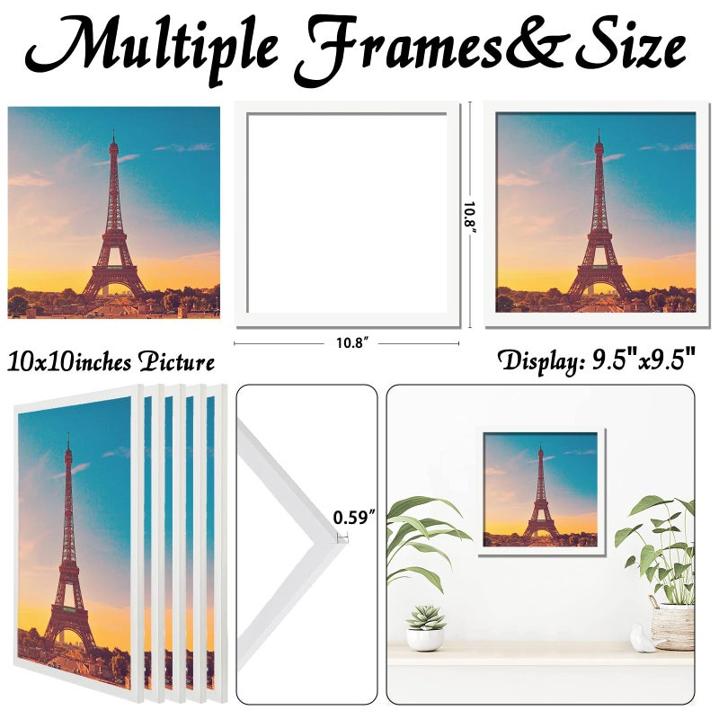 icariery 10x10 Picture Frame Set of 5  White Square Photo Frames High Transparent Wall Gallery Desktop Horizontal Vertical for Canvas Collage Photo Poster Certificate 10 x 10 inches - Image 3