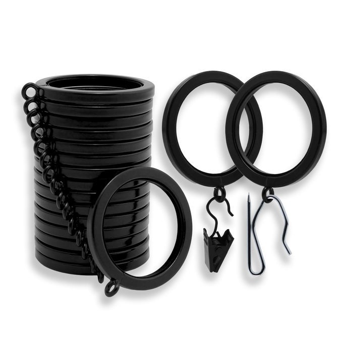 LUXURY CURTAIN RINGS PREMIUM METAL WITH QUIET SMOOTH NYLON INSERTS PINHOOKS AND CLIPS INCLUDED 1 12 INSIDE DIAMETER 18 RINGS FOR TWO STANDARD CURTAINS TUXEDO BLACK