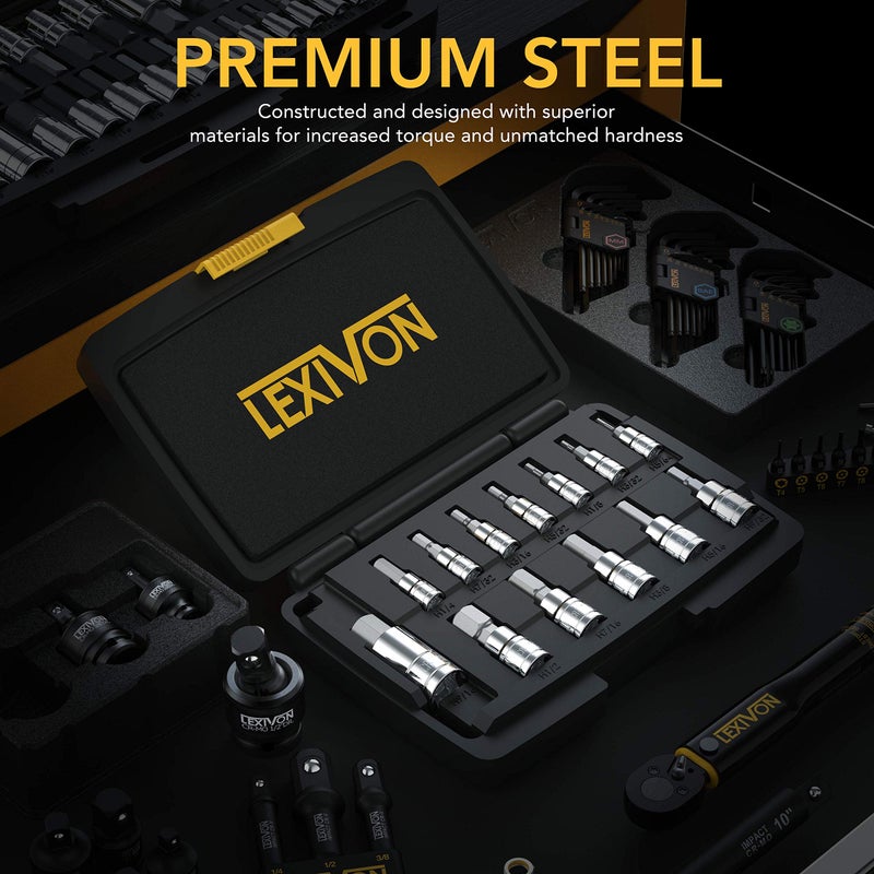LEXIVON HEX Bit Socket Set, Premium S2 Alloy Steel | 13-Piece SAE 5/64" - 9/16" Set | Enhanced Storage Case (LX-142) - Image 2