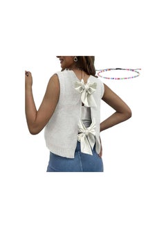 Women Y2k Bow Tie Back Sweater Vest, Open BackTie Front Sweater Vest, Sleeveless Cropped Knit Vest with Bow Twist (US, Alpha, One Size, Regular, Regular, White)