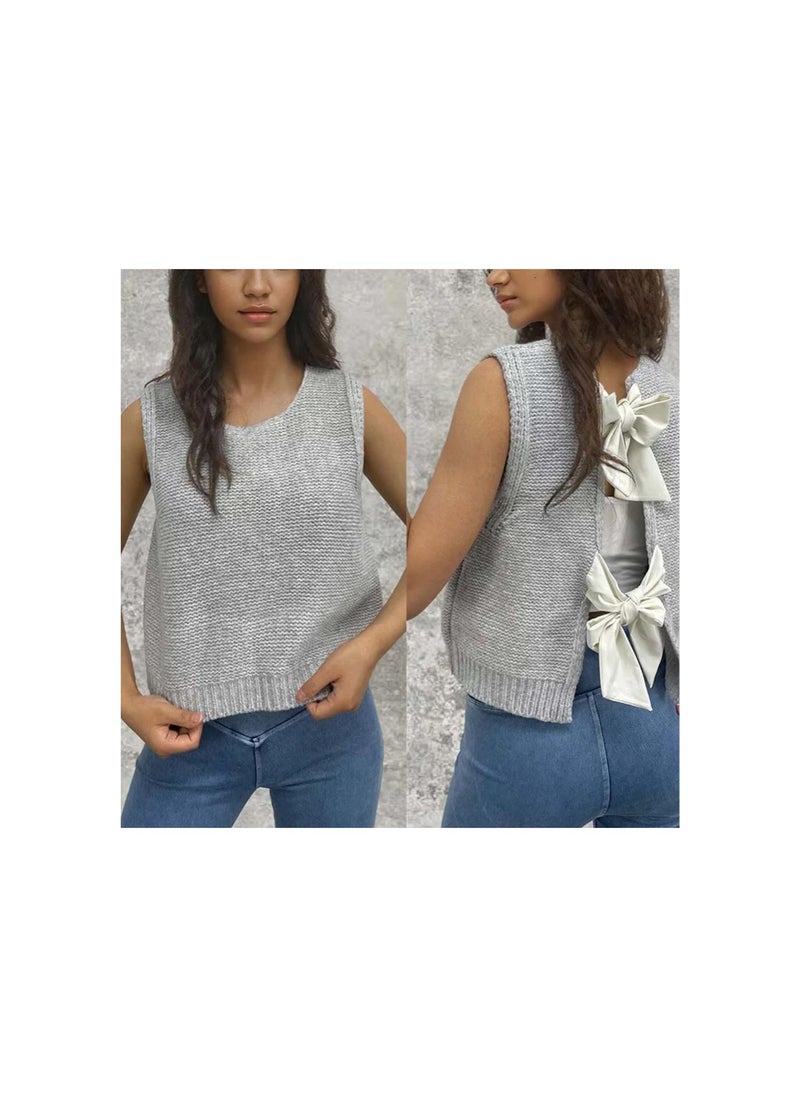 Generic - Women Y2k Bow Tie Back Sweater Vest, Open BackTie Front Sweater Vest, Sleeveless Cropped Knit Vest with Bow Twist (US, Alpha, One Size, Regular, Regular, White) - Image 1