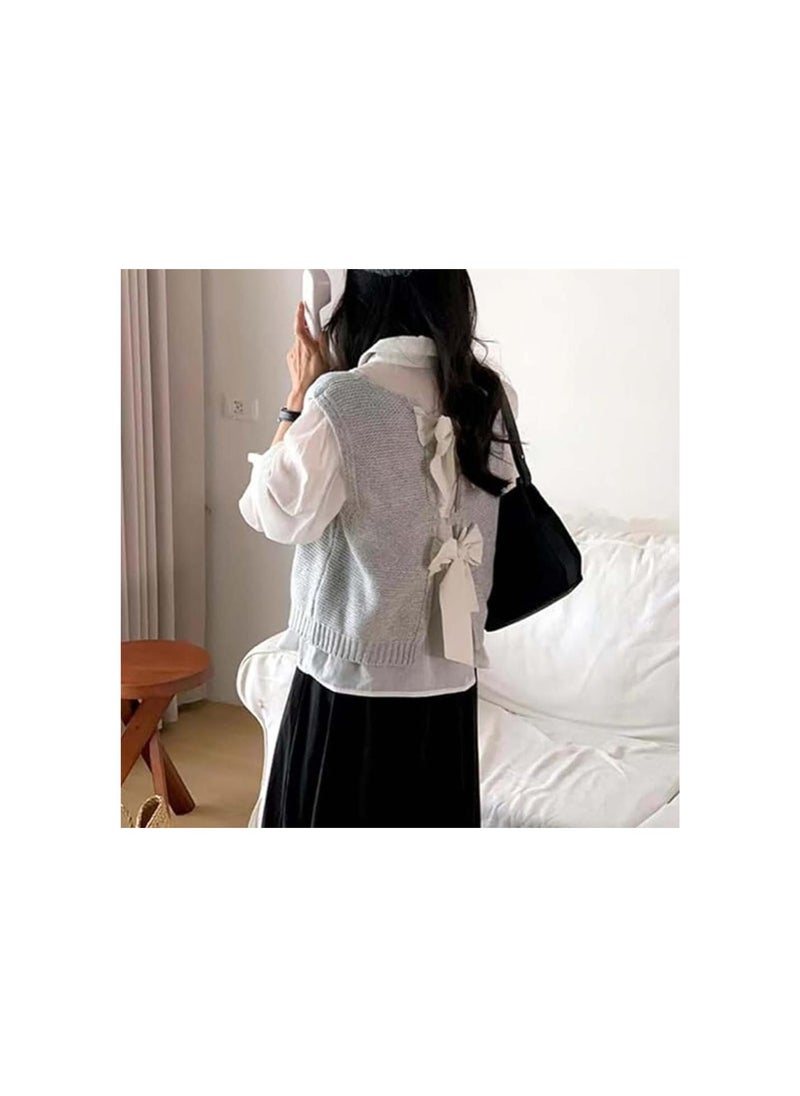 Generic - Women Y2k Bow Tie Back Sweater Vest, Open BackTie Front Sweater Vest, Sleeveless Cropped Knit Vest with Bow Twist (US, Alpha, One Size, Regular, Regular, White) - Image 1