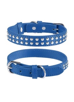 BINGPET BA2006 Adjustable Dog Real Split Leather Studded Pet Dog Collar, Durable Doggy Collars for Small Medium Large Dogs - Deep Blue M  - Image 1