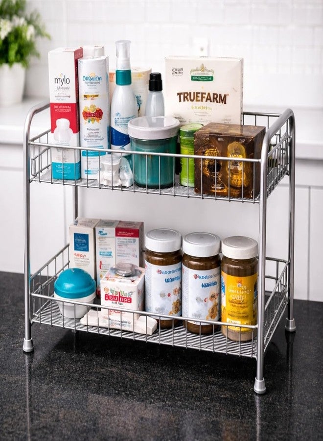 GLOCY 2 Tier Multipurpose Kitchen Rack/Home Storage/Organizer/Bathroom Rack| Spice Containers Rack Stainless Steel | silver finish(40x20x32) - Image 3