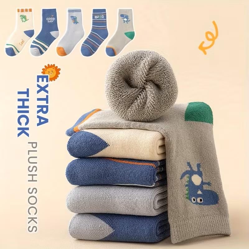 WKLOUYHE 5 Pairs Kids Boys Girl Thermal Calf Cotton Cute Animals Socks Baby Toddler Winter Warm Novelty Socks_Multicolour,6-8 Years - Image 2