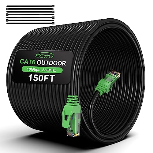 ecjtu 150FT Cat6 Outdoor Ethernet Cable, In-Ground, Heavy Duty Direct Burial, 24AWG CCA Patch Cord for Laptops, PCs, Routers, Printers, Surveillance Camera, PoE, UTP Cat 6 Internet Cable with 25 Cable Ties - Image 1