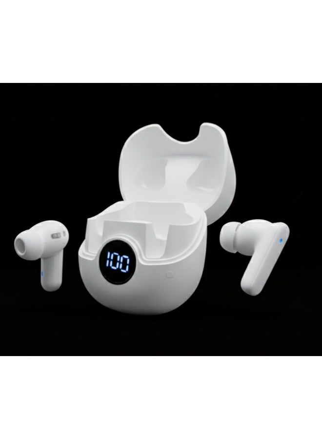 PRO White Wireless Earbuds Noise Isolation with LED Digital Display Charging Case Bluetooth Battery Display - White - Image 1