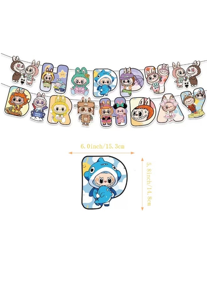 Party Labubu themed birthday party decorations, Labubu birthday scene setup, banners, balloons, cakes, and flag sets. - Image 3