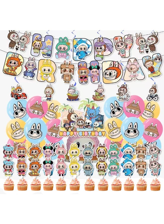 Party Labubu themed birthday party decorations, Labubu birthday scene setup, banners, balloons, cakes, and flag sets. - Image 1