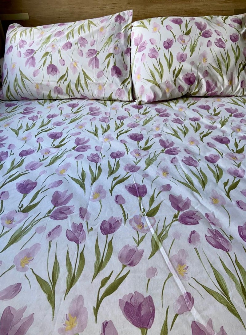 Yarlin-Bed Set (Fitted Bedsheet for 200 cm beds and 2 Small Pillowcases (Purple Lotus) Design