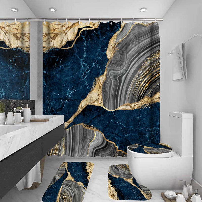 beifivcl 4Pcs Marble Shower Curtain Sets with 12 Hooks Luxury Bathroom Decor Sets  Curtain Toilet Lid Rug and NonSlip U Shape Bath Mat Accessories Marble Print 72 x 72 Inch Navy Blue