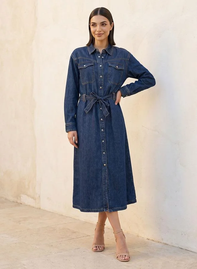 Splash FAV Denim Shirt Midi Length Cotton Dress with Belt