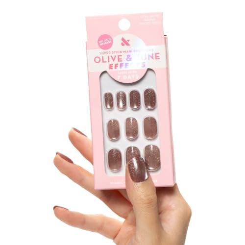 Olive & June Olive June Effects Super Stick Mani Press On Nails Extra Short Round No Glue Needed 32 Tab Nails in 16 Sizes NonToxic Tabs Easy OnOff NonDamaging Real Look 7Day Wear Shacket Velvet - Image 1