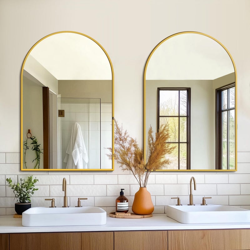 FICTOR Bathroom Vanity Mirror for Wall,2 Pack 24â€x36â€ Arched Metal Framed Bathroom Mirror for Over Sink, Entryway, Living Room,Bedroom(Gold) - Image 1