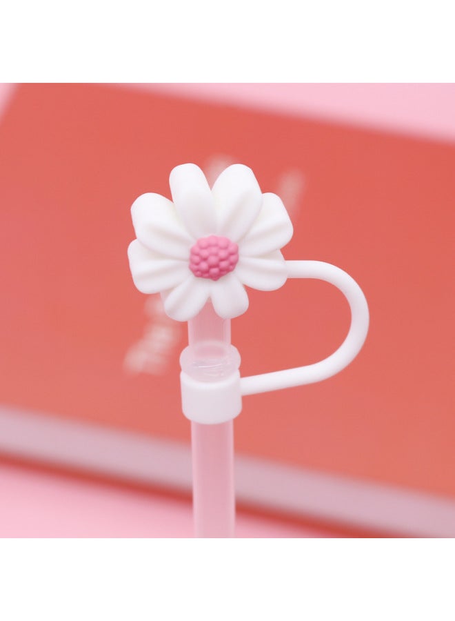 Silicone Straw Cap 8-10mm Cute Flower Doll Dust Cap Can Be Recycled Straw Plug-Color:Silicone Chrysanthemum-white Powder 8mm-Specifications:Bagged Without Straw  - Image 1