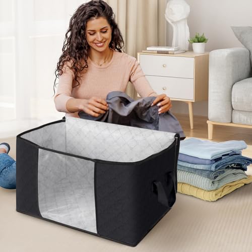 Fab totes حقائب تخزين فاب توت، صناديق تخزين الملابس والبطانيات، منظمات خزانة قابلة للطي مع مقبض معزز للتخزين والتنظيم في المنزل أو السكن الجامعي، حقائب قماشية لتنظيم الملاءات والملابس (أسود، 6 عبوات) - Image 3