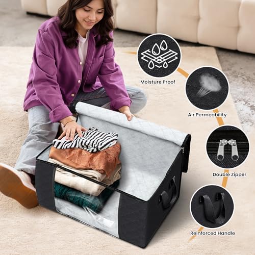 Fab totes حقائب تخزين فاب توت، صناديق تخزين الملابس والبطانيات، منظمات خزانة قابلة للطي مع مقبض معزز للتخزين والتنظيم في المنزل أو السكن الجامعي، حقائب قماشية لتنظيم الملاءات والملابس (أسود، 6 عبوات) - Image 4