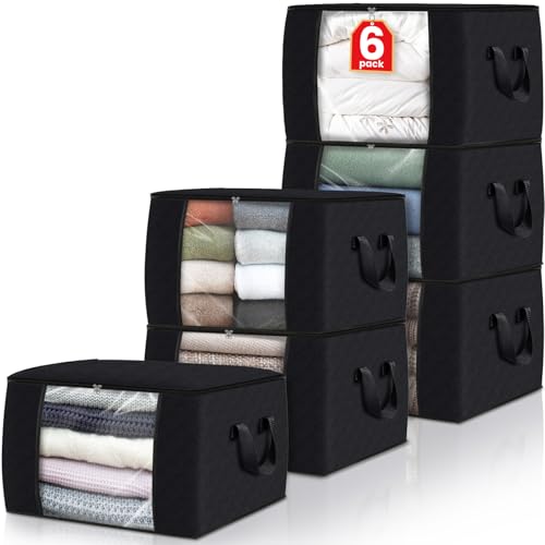 Fab totes حقائب تخزين فاب توت، صناديق تخزين الملابس والبطانيات، منظمات خزانة قابلة للطي مع مقبض معزز للتخزين والتنظيم في المنزل أو السكن الجامعي، حقائب قماشية لتنظيم الملاءات والملابس (أسود، 6 عبوات) - Image 1