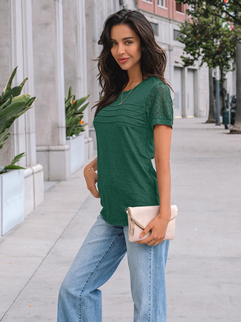 AUTOMET Short Sleeve Shirts for Women Summer Tops 2026 Spring Fashion Dressy Casual Outfits Lace Trendy Top Cute Work T Shirt Business Vacation Clothes Blouses Green M - Image 3