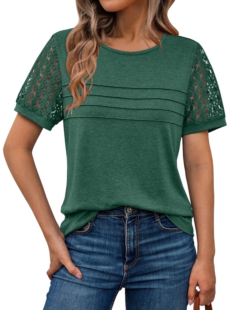AUTOMET Short Sleeve Shirts for Women Summer Tops 2026 Spring Fashion Dressy Casual Outfits Lace Trendy Top Cute Work T Shirt Business Vacation Clothes Blouses Green M - Image 1