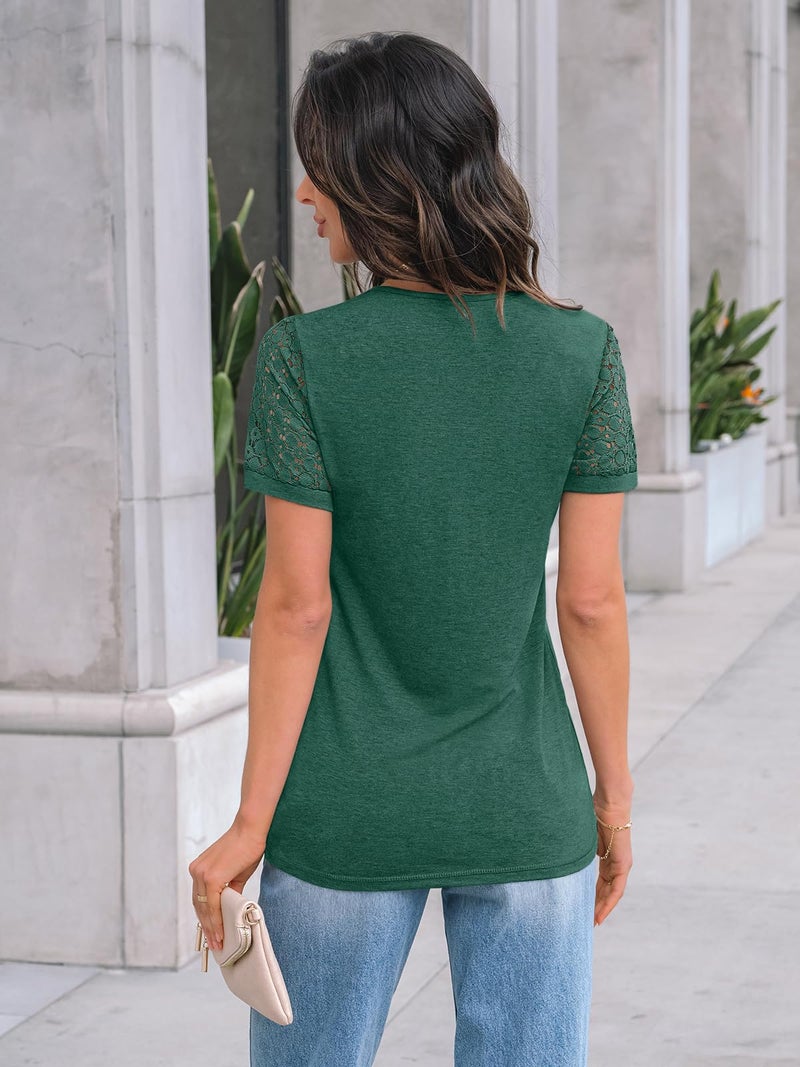 AUTOMET Short Sleeve Shirts for Women Summer Tops 2026 Spring Fashion Dressy Casual Outfits Lace Trendy Top Cute Work T Shirt Business Vacation Clothes Blouses Green M - Image 4