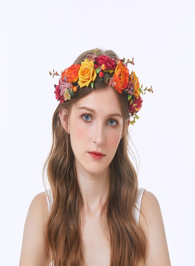 Vividsun Flower Crown Floral Headpiece Festival Wedding Hair Wreath Floral Crown (yellow red) - Image 5