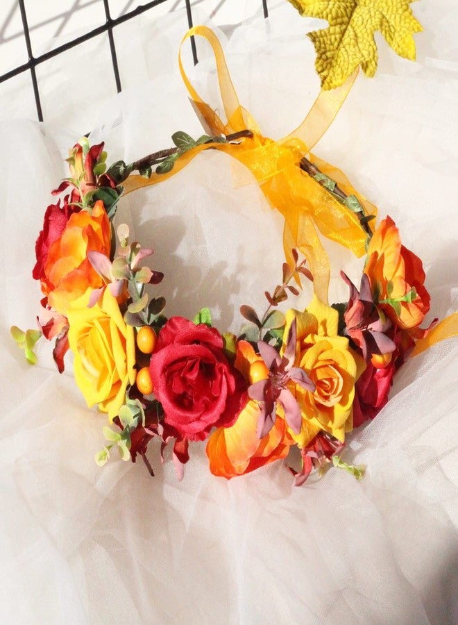 Vividsun Flower Crown Floral Headpiece Festival Wedding Hair Wreath Floral Crown (yellow red) - Image 3