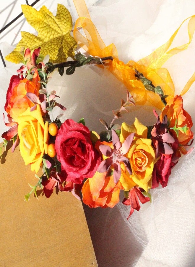 Vividsun Flower Crown Floral Headpiece Festival Wedding Hair Wreath Floral Crown (yellow red) - Image 4