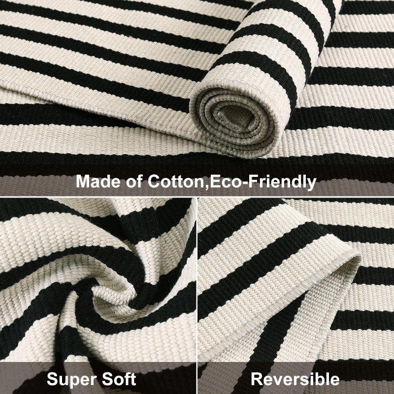 LEEVAN LEEVAN Black and White Striped Outdoor Rug  2 x 3 Small Cotton Front Porch Rug Washable Front Door Mat Outside Entrance  Woven Reversible Welcome Mat Modern Outdoor Entry Layering Rug for Bathroom - Image 4