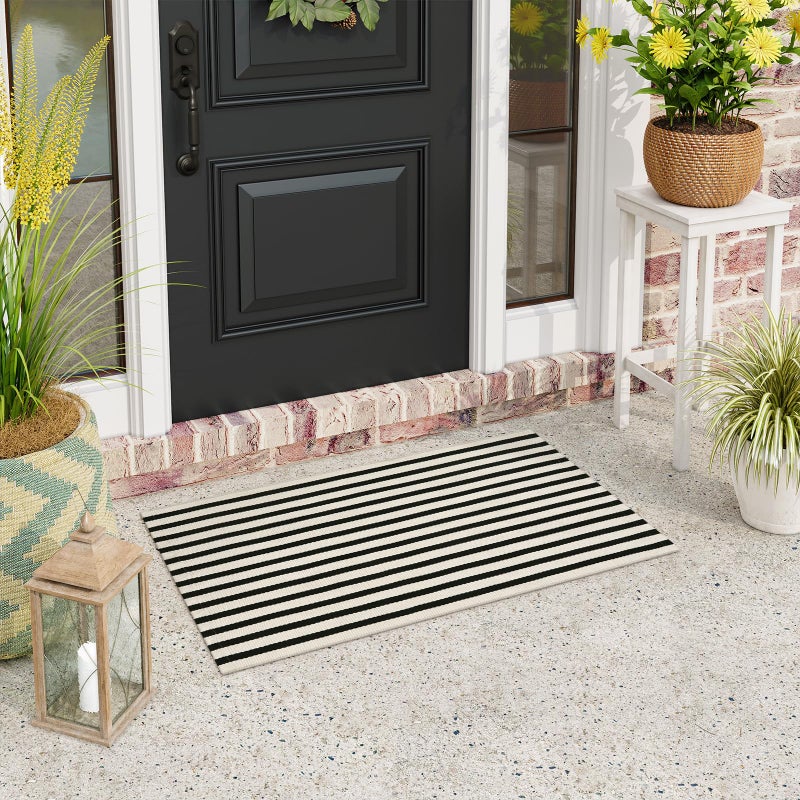LEEVAN LEEVAN Black and White Striped Outdoor Rug  2 x 3 Small Cotton Front Porch Rug Washable Front Door Mat Outside Entrance  Woven Reversible Welcome Mat Modern Outdoor Entry Layering Rug for Bathroom - Image 2