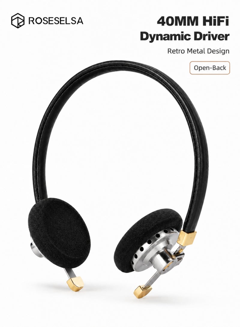 ROSESELSA Distant Mountain Retro HiFi Wired On-Ear Headphones, 40MM Dynamic Driver, Open-Back Stereo Sound, Lightweight Metal Design, MMCX Detachable Cable, Built-In Microphone, 3.5MM Headphones for Music, Study & Office - Image 1