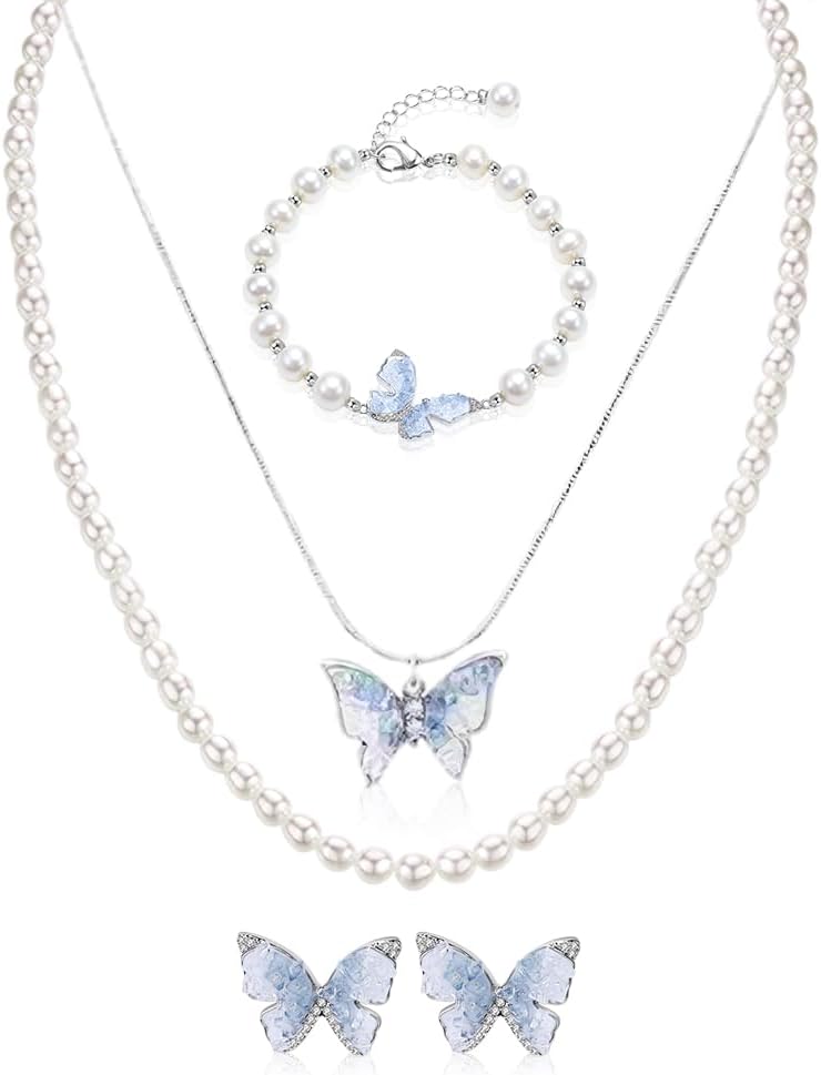 HANNEA® Jewellery Set for Women Girls, Crystal Butterfly Pendant Necklace, Pearl Choker, Bracelet & Stud Earrings, Elegant Gift for Birthday, Valentine’s Day, Christmas - Image 1