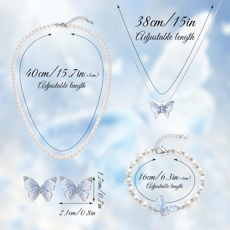 HANNEA® Jewellery Set for Women Girls, Crystal Butterfly Pendant Necklace, Pearl Choker, Bracelet & Stud Earrings, Elegant Gift for Birthday, Valentine’s Day, Christmas - Image 2